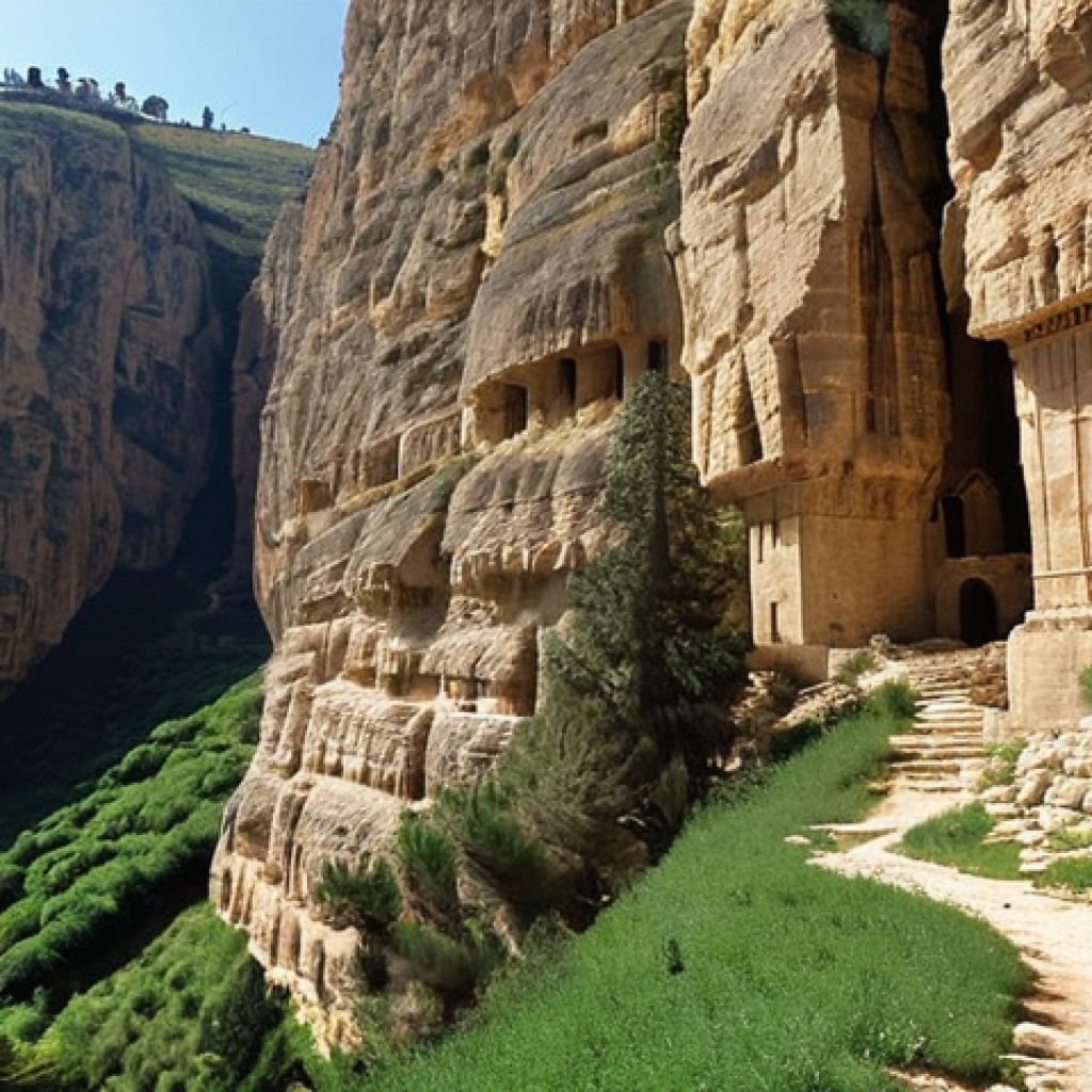**

> Ancient monastery carved into a cliff face in Kadisha Valley, Lebanon. Dramatic lighting, showing the textures of the stone and the depth of the valley. Perhaps a lone figure in traditional clothing walking towards the monastery. Cedars of Lebanon visible in the background.

**