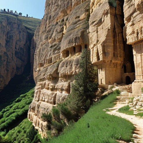 **

> Ancient monastery carved into a cliff face in Kadisha Valley, Lebanon. Dramatic lighting, showing the textures of the stone and the depth of the valley. Perhaps a lone figure in traditional clothing walking towards the monastery. Cedars of Lebanon visible in the background.

**