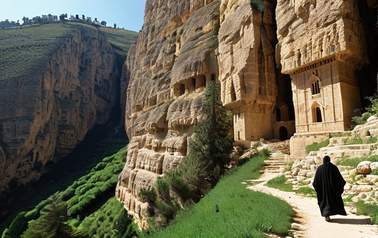 **

> Ancient monastery carved into a cliff face in Kadisha Valley, Lebanon. Dramatic lighting, showing the textures of the stone and the depth of the valley. Perhaps a lone figure in traditional clothing walking towards the monastery. Cedars of Lebanon visible in the background.

**